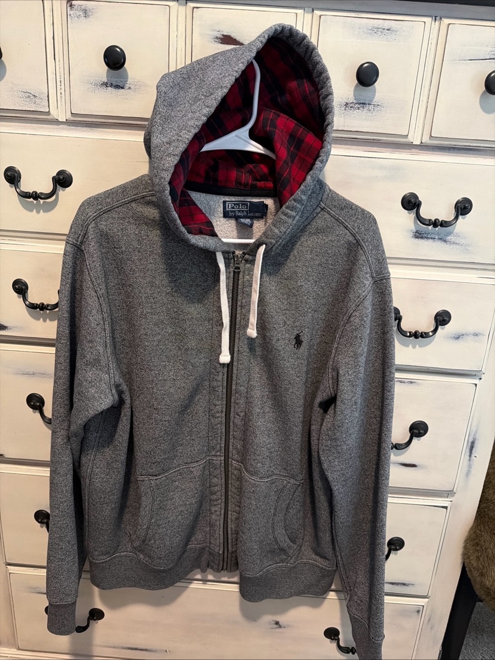 Polo Ralph Lauren Heathered Black Zip Front Hoodie Flannel Lining L Fleece Y2K